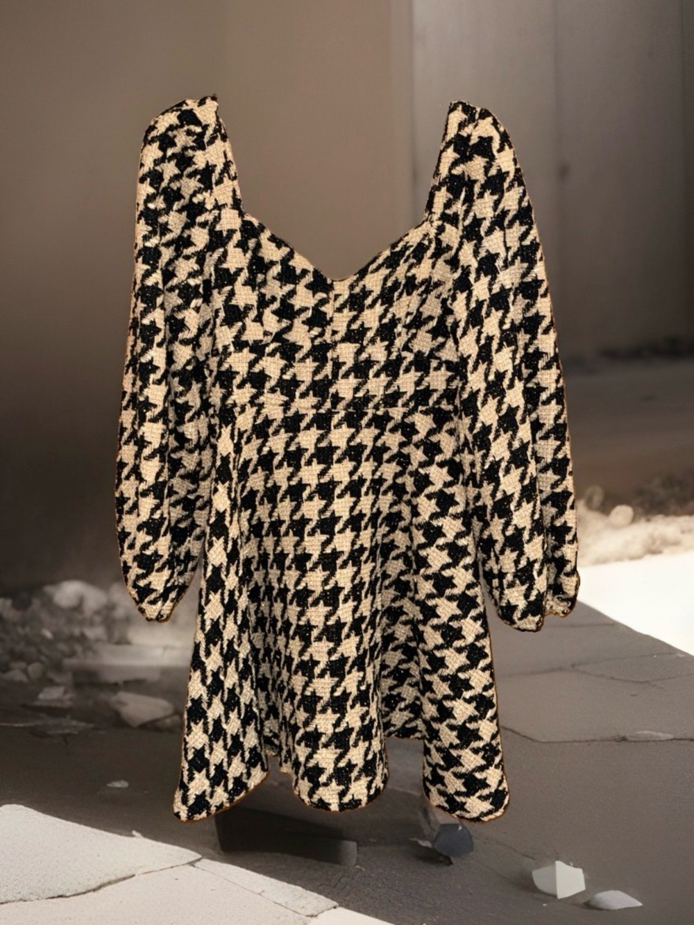 Nwt She+Sky Black&Cream Houndstooth Puff-Sleeve Mini Dress w/Metallic Threading